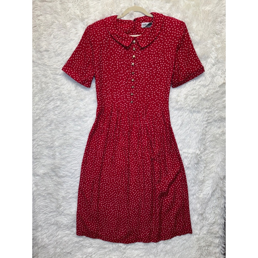 VTG Sunshine Starshine Red 80's Print Dress Peter Pan Collar Pleated sz 12